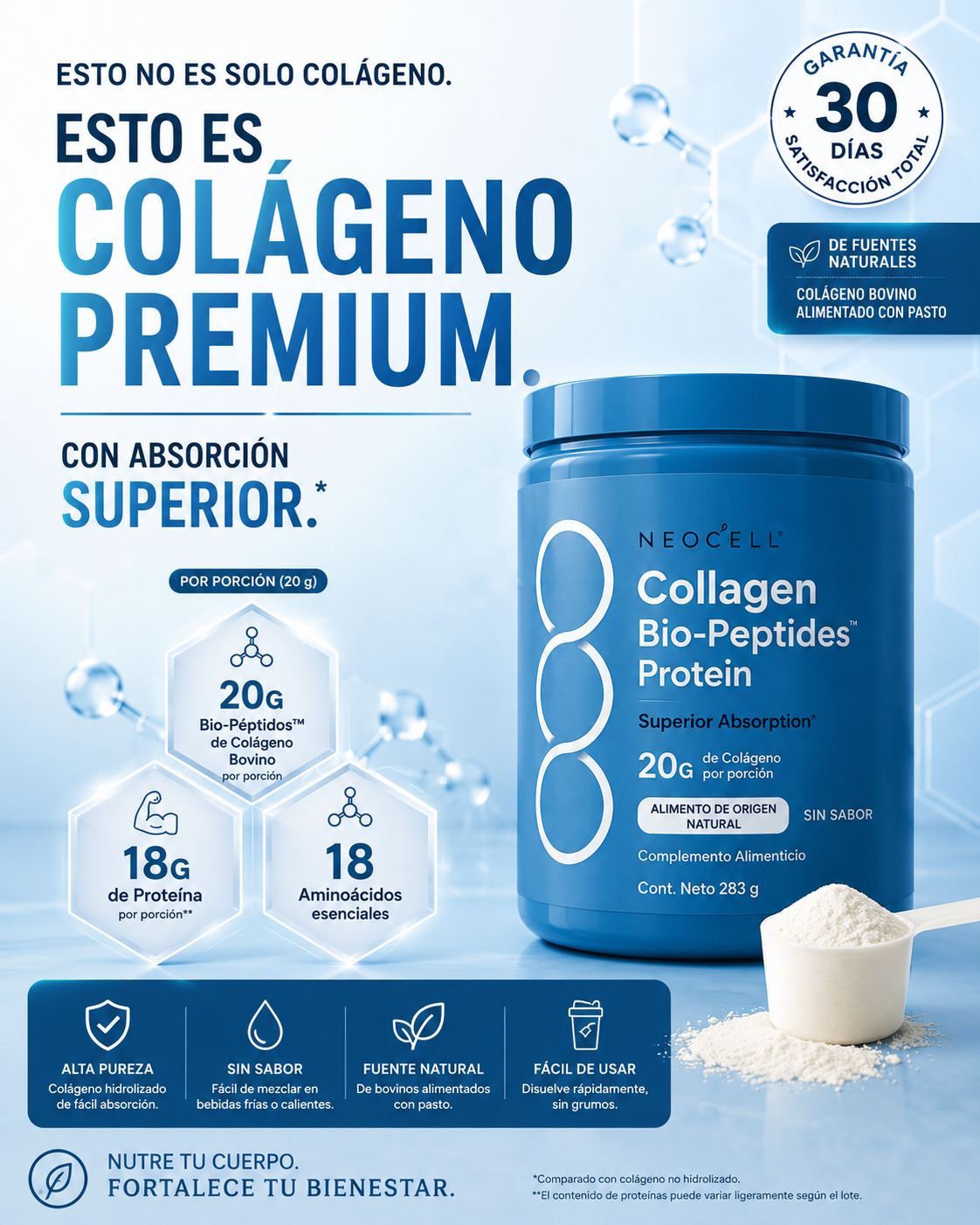 Colágeno en Polvo NeoCell Biopéptidos | 300g · 30 Servicios